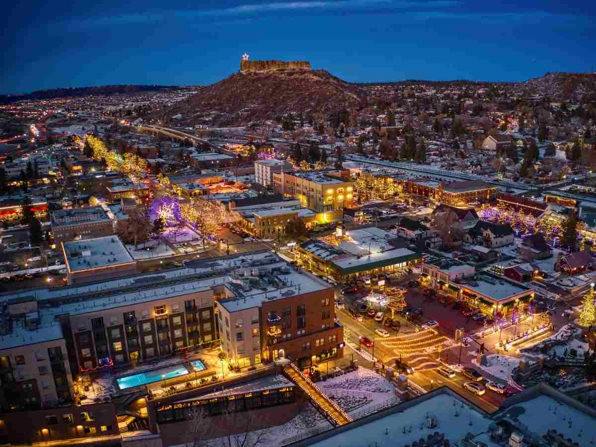Aerial view of the town of Castle Rock at Christmas for article Castle Rock for newcomers moving to the Denver area.