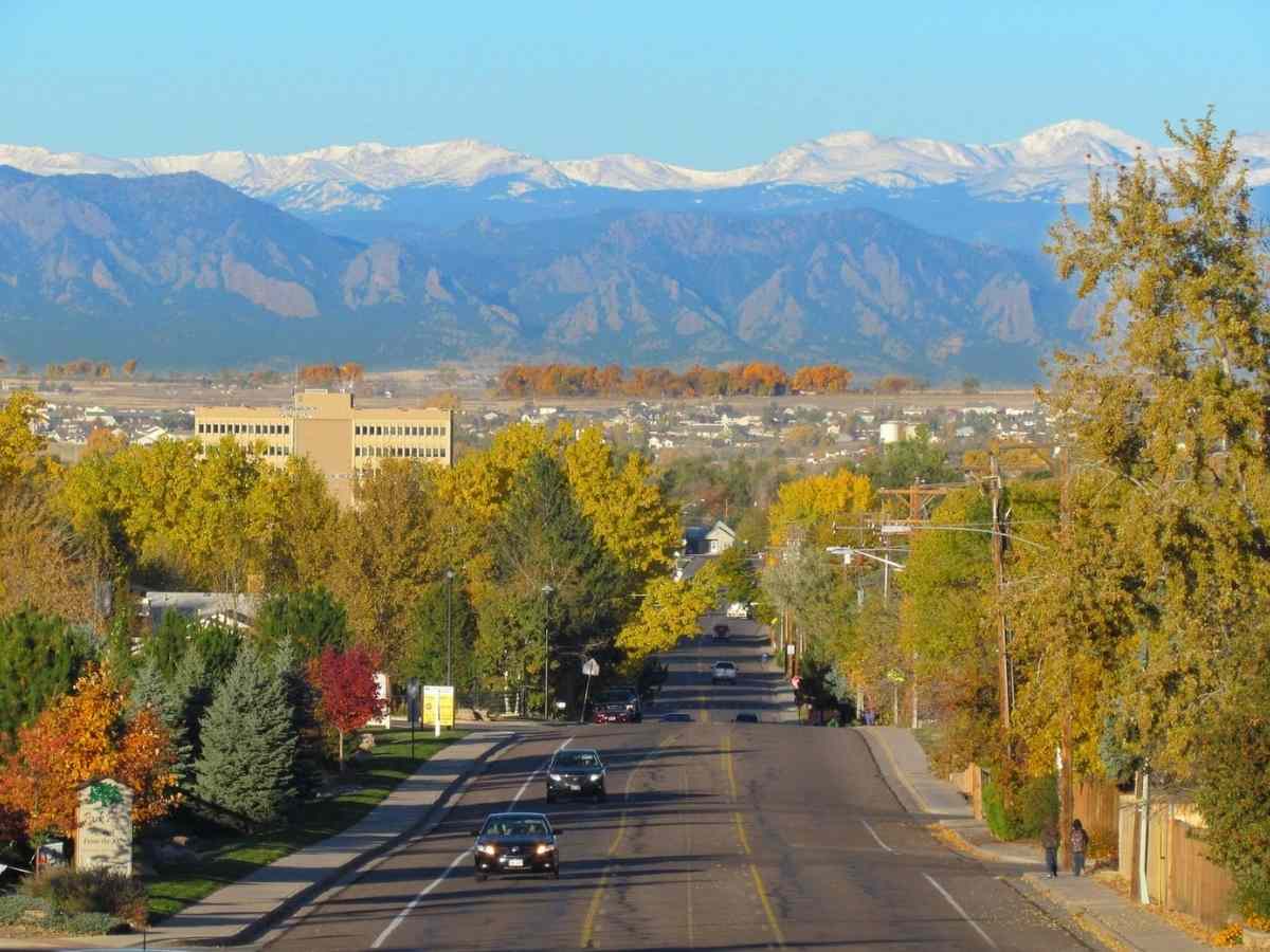 Aerial view of looking down a road with mountains in the background for article Brighton Colorado for newcomers moving to Denver or within the Denver area.
