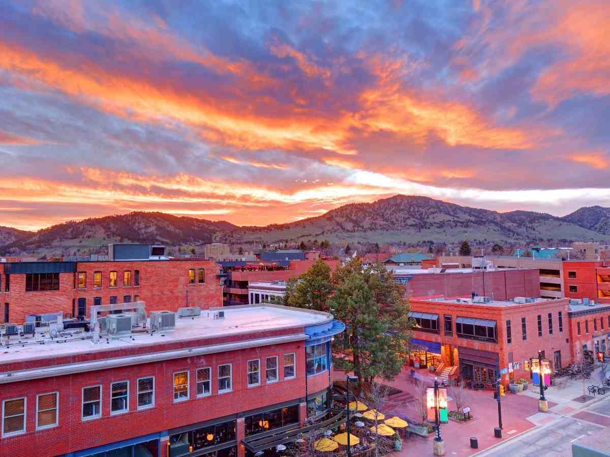 Aerial view of downtown for article Boulder Colorado for newcomers moving to Boulder or moving to the Denver area.