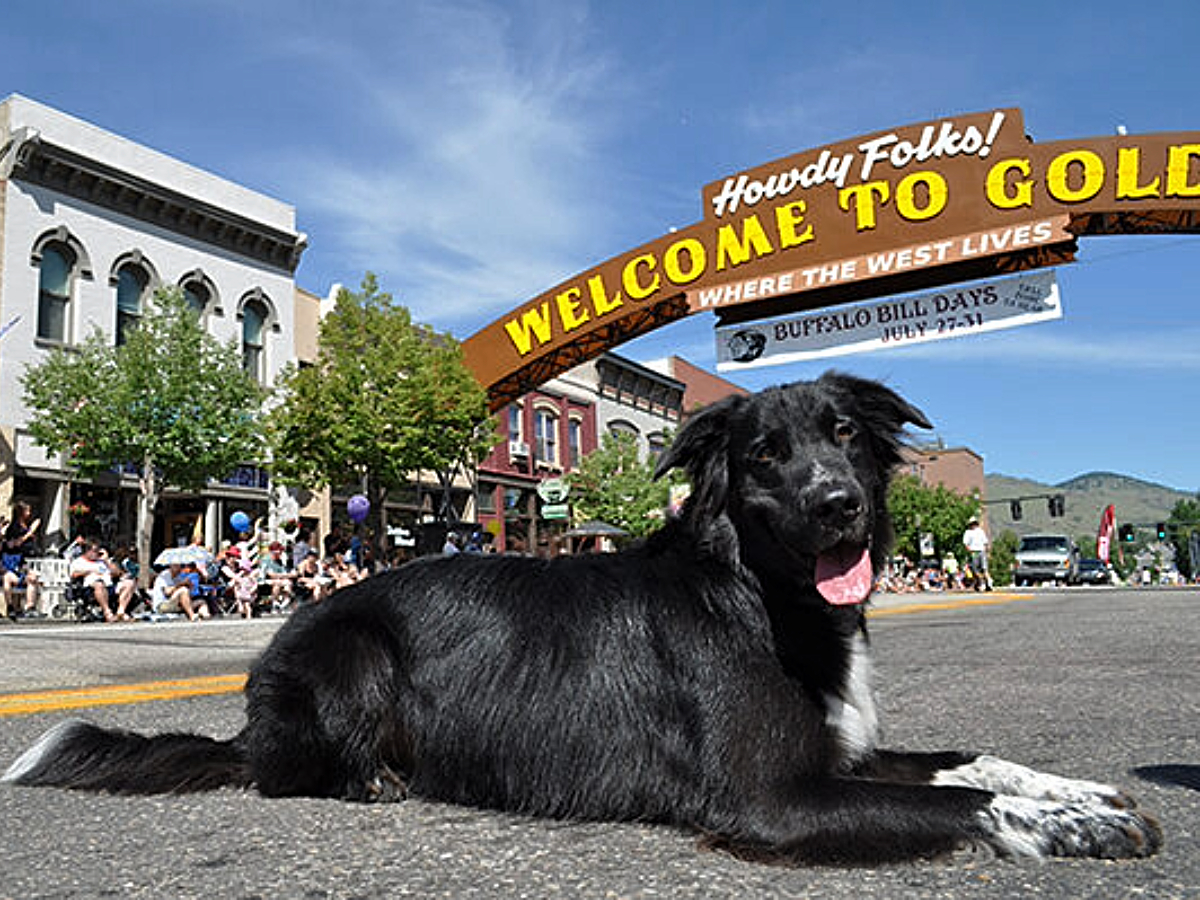 Dog sitting in front of welcome sign in Golden, CO for article Discover Golden, Colorado: Where Adventure Meets Charm.