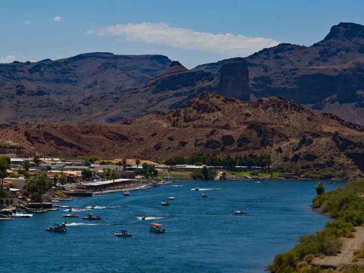 Aerial view of Colorado River and Parker Colorado with mountains in the background for article Timbers and Pinery Communities in Parker Colorado for newcomers moving to Parker or moving to Denver area.