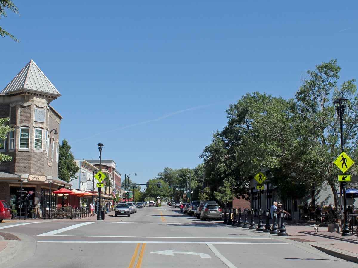 Looking down a main street in Parker for article Best Places to Live in CO for newcomers moving to Denver area.