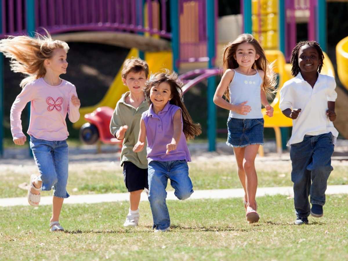 5 kids running around outside for article Keeping Colorado Kids Active for newcomers moving to Denver area.