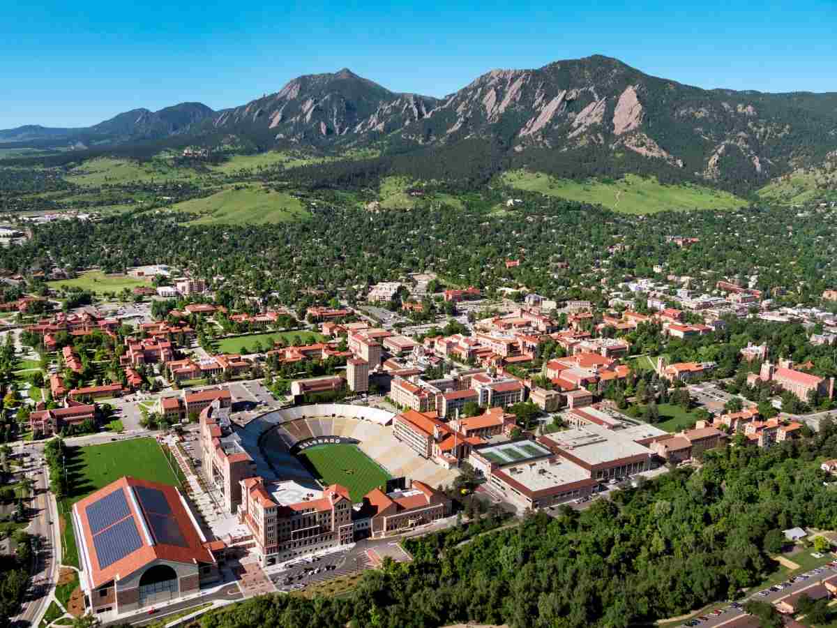 Aerial view of University of Colorado Boulder with mountains in the background for article Best Places to Live in Northern Colorado for newcomers moving to the Denver area.