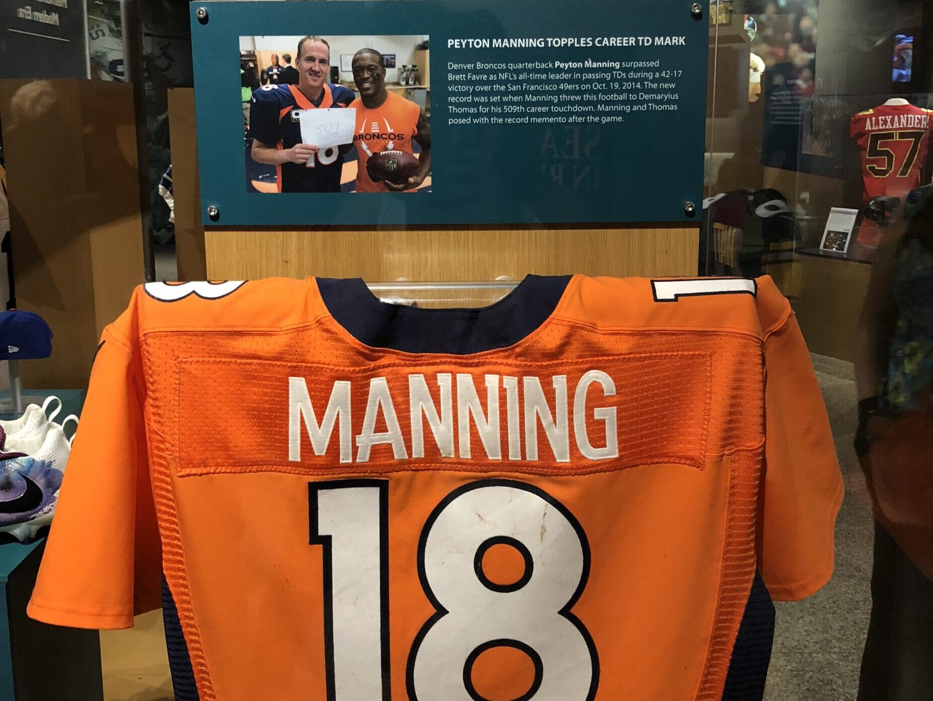 Peyton Mannings orange bronco jersey in the Football Pro Hall of Fame