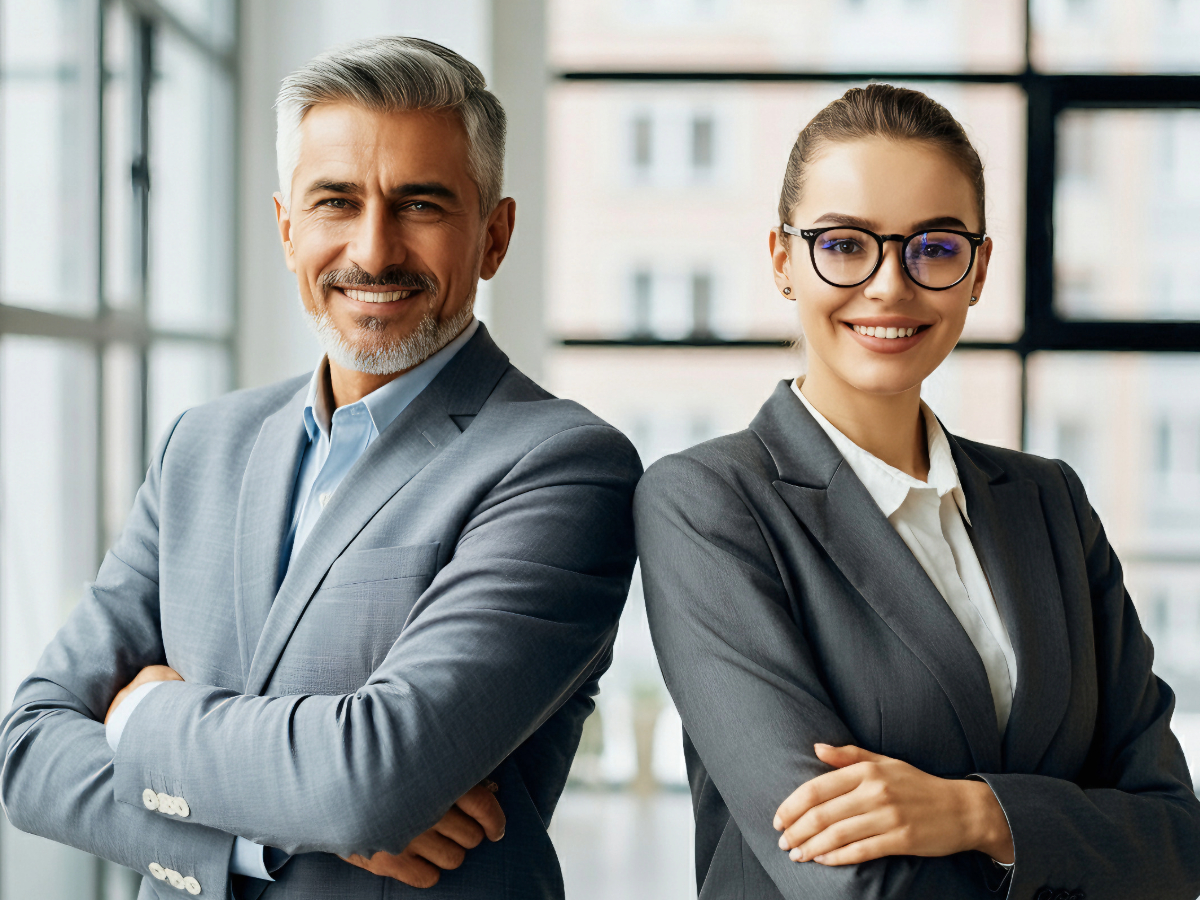 Male and female wearing business attire with arms crossed facing camera for article How professionals dress in the Denver metro area a newcomers guide.