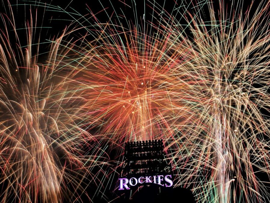 fireworks at a Rockies game at night