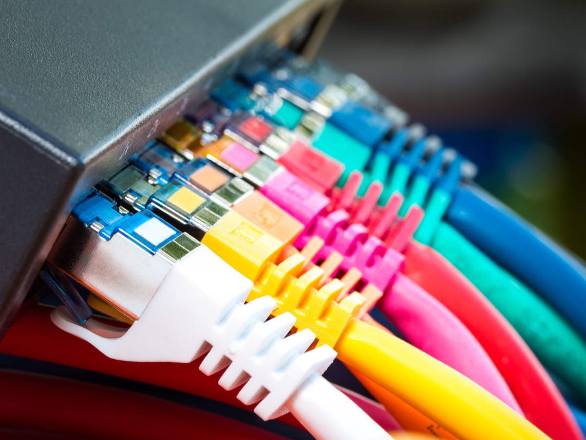 Colorful networking cables plugged into switch.