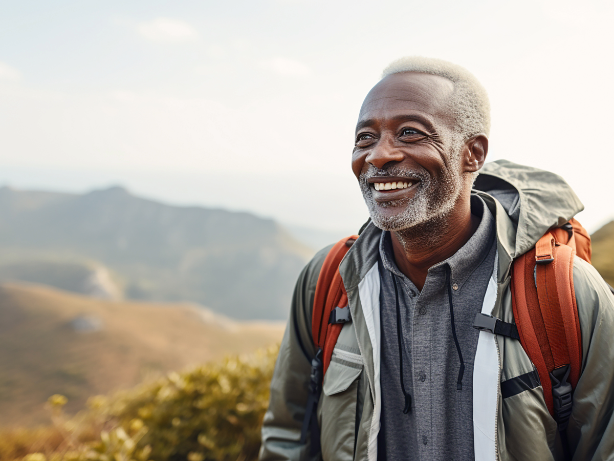 Senior male hiking in mountains with big smile on his face.