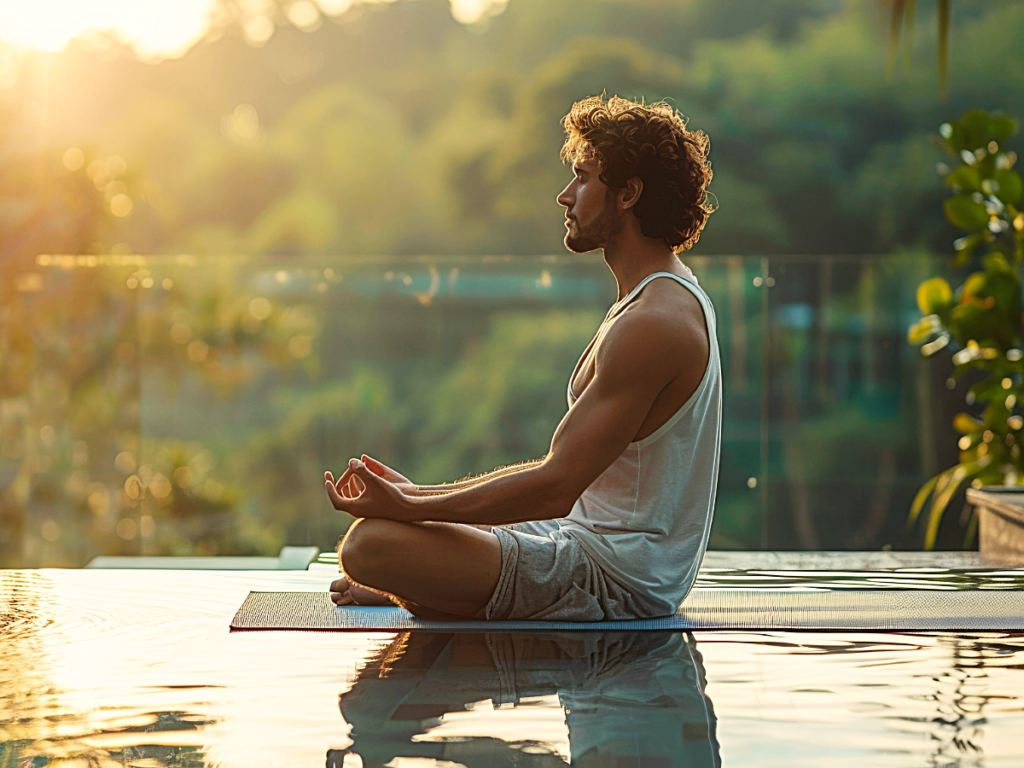 Side view of man sitting on yoga mat in lotus position with water and trees around him.