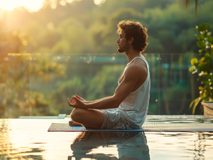 Side view of man sitting on yoga mat in lotus position with water and trees around him.