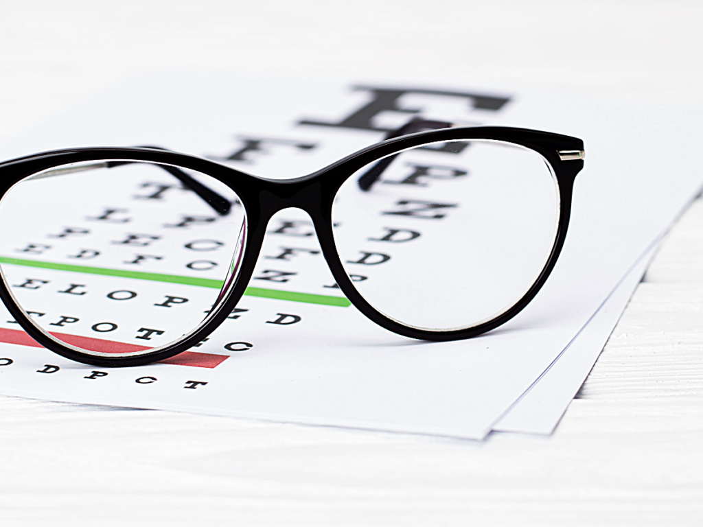 Eye chart with glasses sitting on top of it.