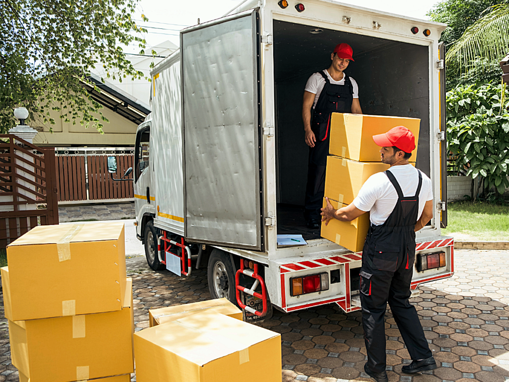 Professional movers moving boxes out of moving truck.