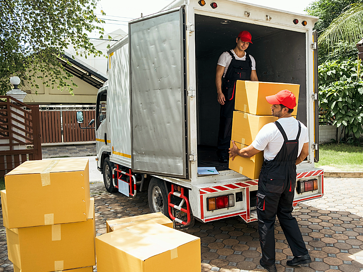 Professional movers moving boxes out of moving truck.