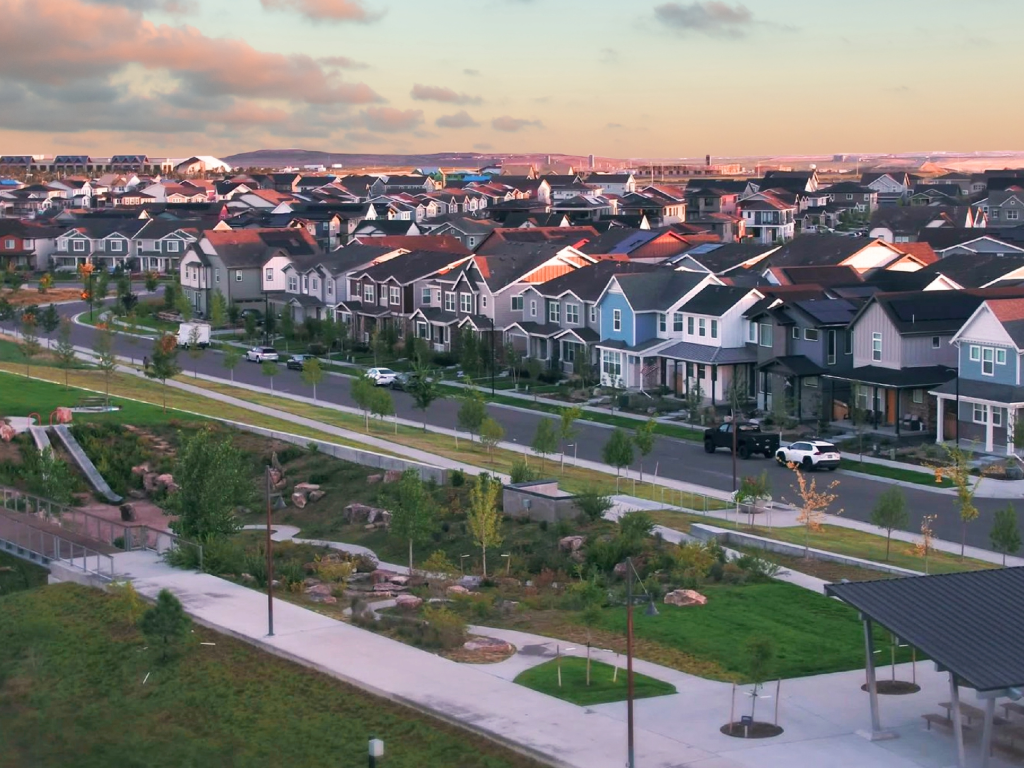 Arial view of Painted Prairie Community with open outdoor areas for the community.