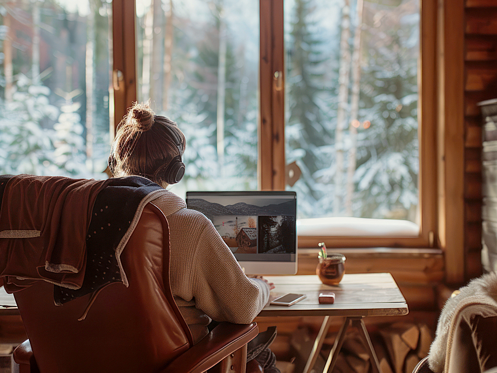 person working from a cabin in the Colorado mountains looking out window at pine trees on mountain side.