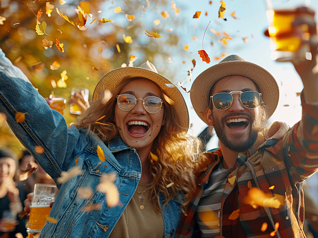 Man and woman holding up beer glasses at a fall festival with leaves falling around them for article on Denver Festivals.