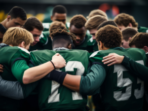 High School boys football team in huddle for article on high schools for athletes.