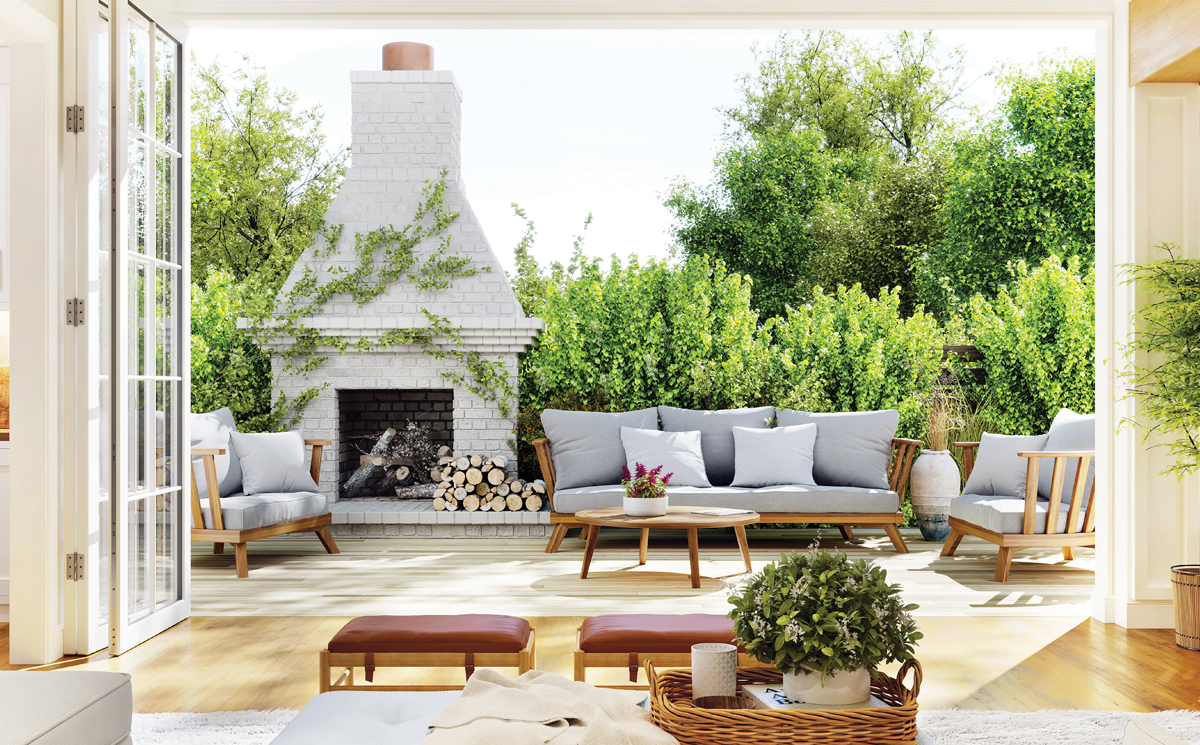 Outdoor patio of gorgeous Denver area home with full outdoor fireplace - article on Chatting About a Changing Market for newcomers moving to Denver