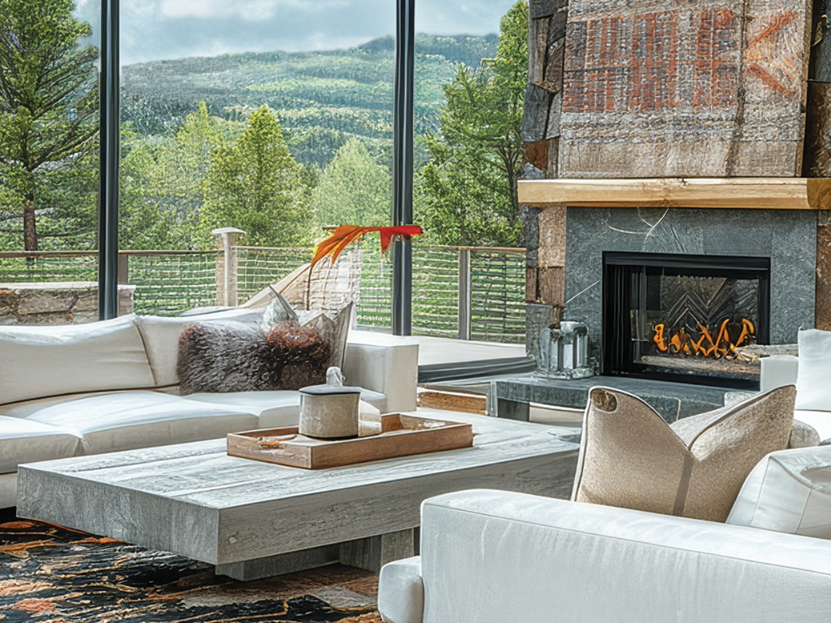 Living room with beautiful furniture, fireplace and view of nature for article on real estate - Chatting About a Changing Market - Janie Stoddard for newcomers looking for homes when moving to Denver.