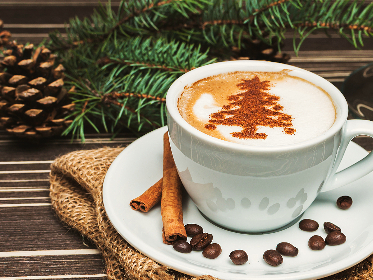 Coffee with cinnamon sticks and coffee beans around the cup and pine branches and pine cones in background for article The 12 Best Coffee Shops in Denver for Newcomers moving to Denver.