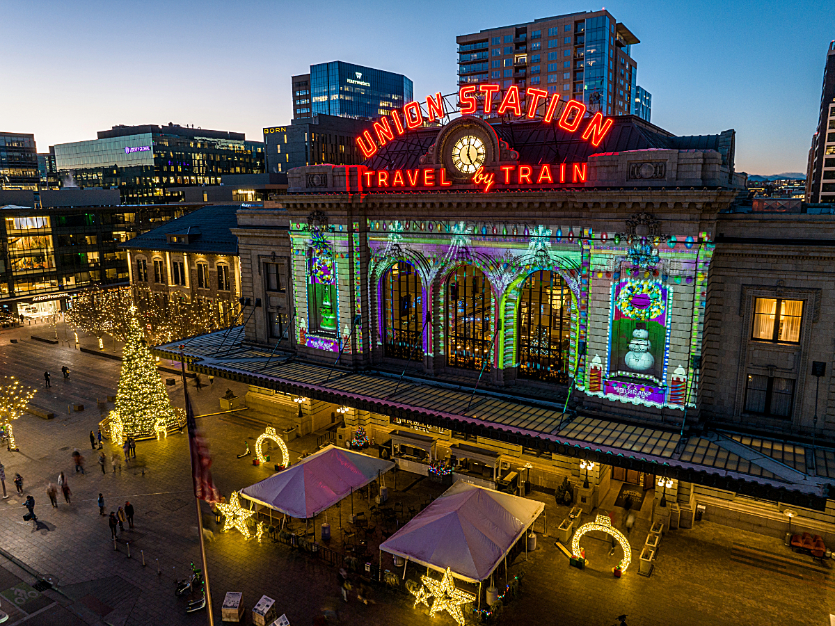 Union Station with holiday lights for article Discover 10 of the Best Holiday Lights in Denver for newcomers moving to Denver.