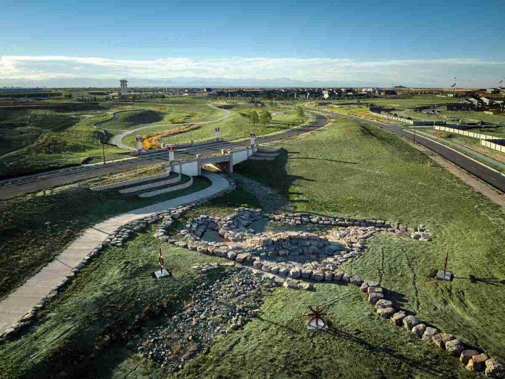 Aerial view of Aurora highlands Logan Park for article The Aurora Highlands Named Denver’s Community of the Year for newcomers moving to Denver.