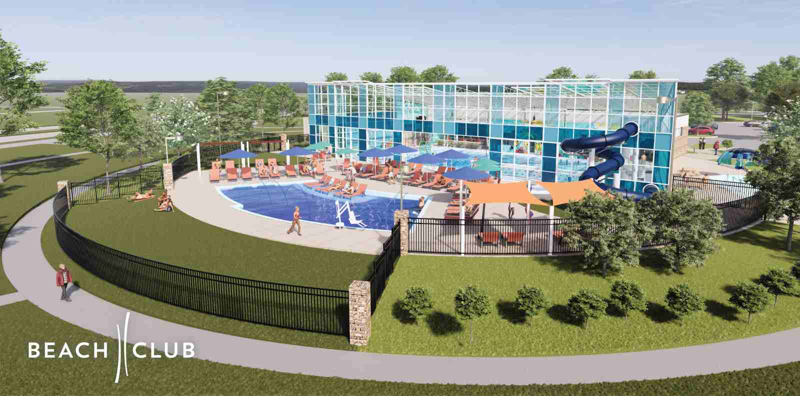 Rendering of the upcoming Beach Club with pool, sun bathing, shad options and waterslide in a circular environment for article The Aurora Highlands Named Denver’s Community of the Year for newcomers moving to Denver.