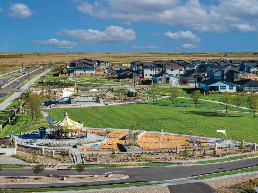 Aerial view of Winged Melody Park in Aurora Highlands for article The Aurora Highlands Named Denver’s Community of the Year for newcomers moving to Denver.