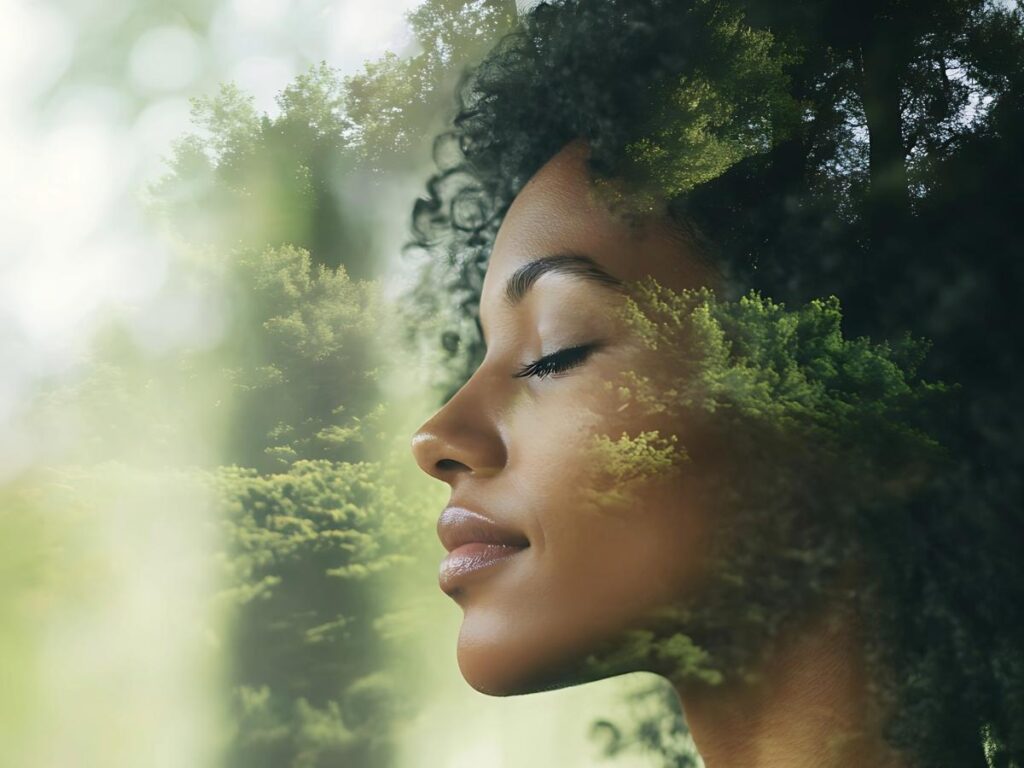 Close up profile of woman's face with her eyes closed and with green overlay and background of pine trees outdoors for article Holistic Wellness in Denver: 10 Transformative Places for Newcomers moving to Denver.