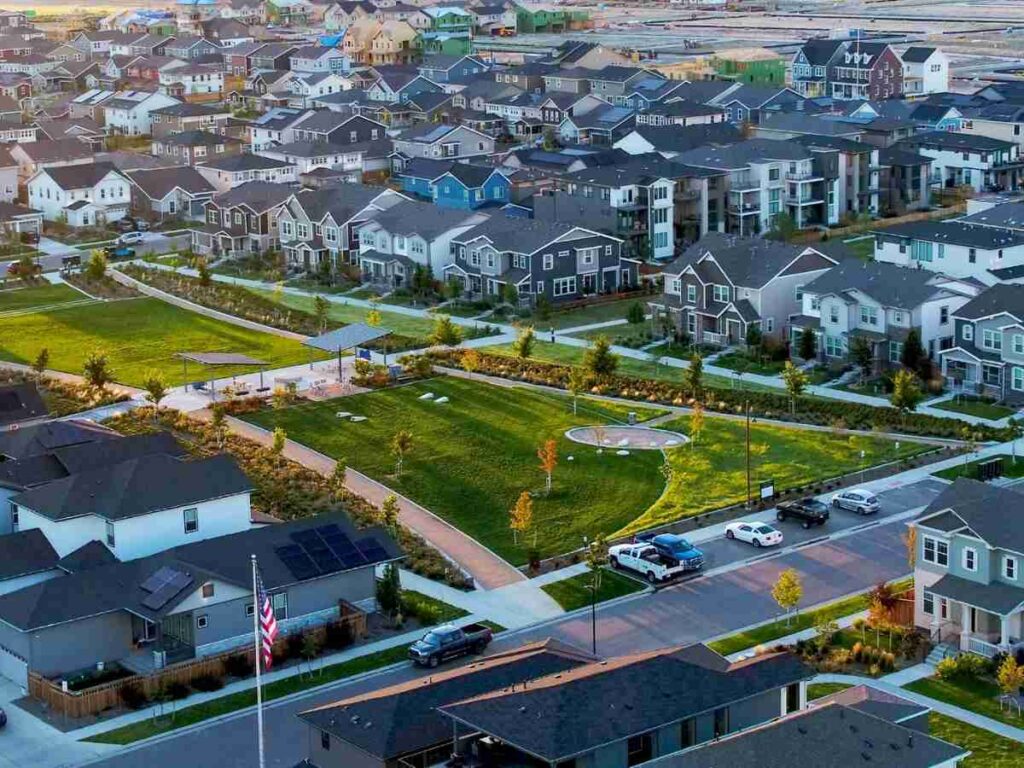 Aerial view of Painted Prairie showing green spaces and parks mixed in with the different housing options for article Welcome to Painted Prairie for newcomers moving to Denver.