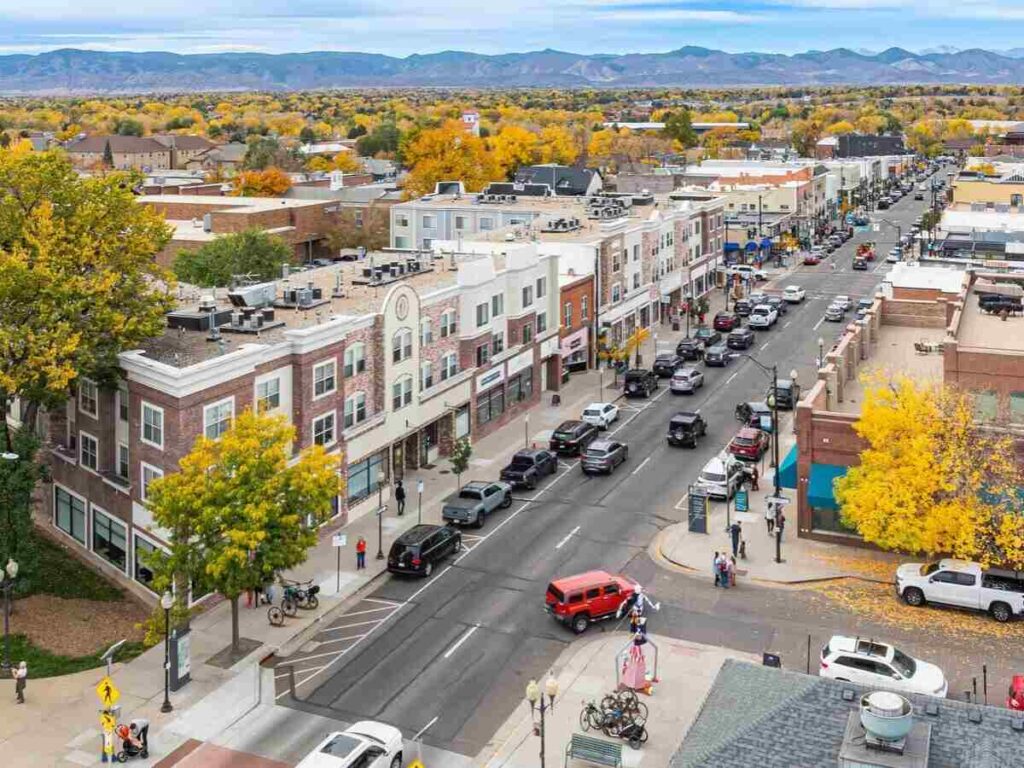 Aerial view of downtown Littleton for article Top Suburbs Near Denver for Commuters for newcomers moving to Denver area.