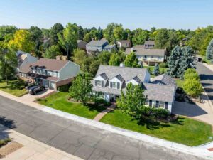 Aerial view of West Centennial homes close to employers for article Top Denver Suburbs for Commuters for newcomers moving to Denver area.