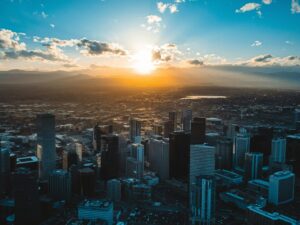 Denver skyline at sunset. Living in Denver